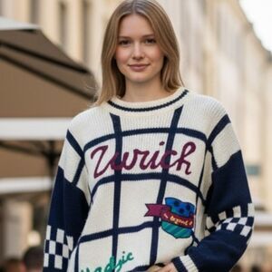 "Zurich" Preppy Korean Graphic Patches Cream and Black Heavy Sweater